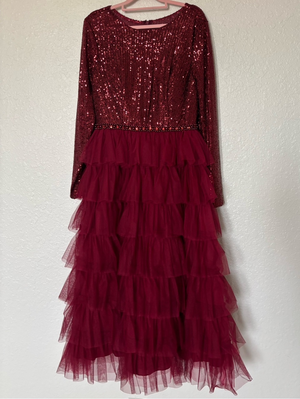IEENA for Mac Duggal Style 26299 Burgundy Sequin Bodice Tiered Tulle Midi Dress - Picture 12 of 16
